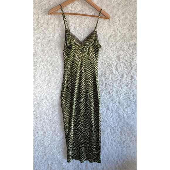 Daisy Street Wavy Print Satin Midi Houndstooth Lace‎ Trim Slip Dress Green SMALL - Picture 8 of 8